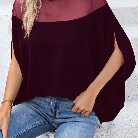 Burgundy Casual Women's Stand Collar Mesh Hollow Blouse - Picture 6 of 6